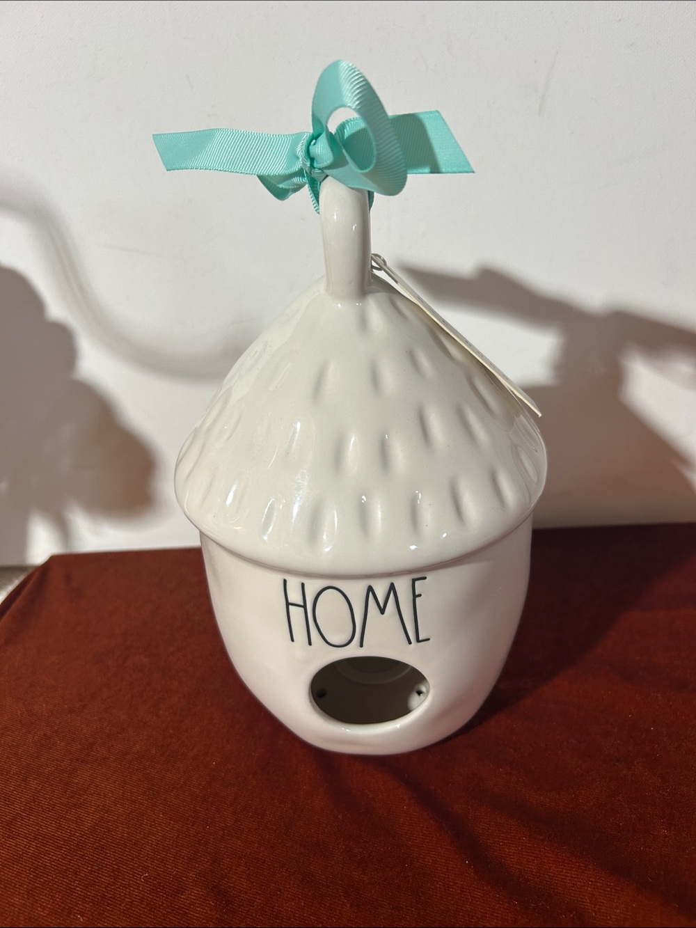 Rae Dunn Cream Ceramic 'HOME' Acorn Birdhouse with Mint Ribbon